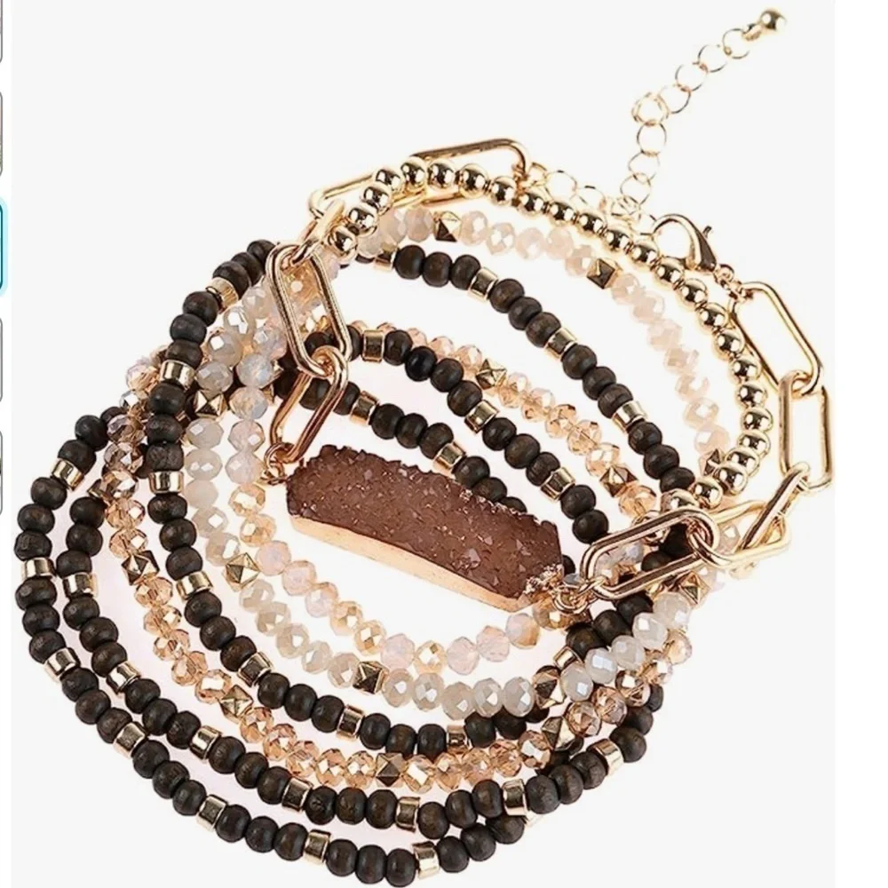 RIAH Boho 7 Strand Bracelet Set Hexi Wood Beads Acrylic Druzy BR07.7